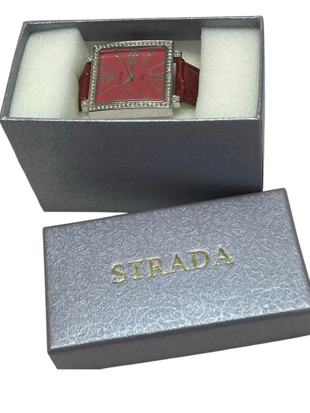 Strada Red Crystal Square Watch Roman Numeral Japanese Quartz NIB